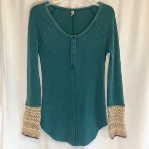 Free People Alpine Cuff Waffle Thermal Top Sweater Long Sleeve Shirt Jade